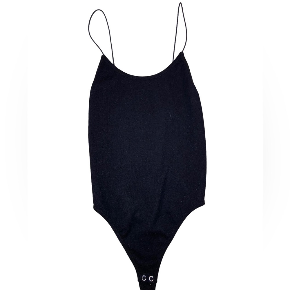 Women’s Black Ribbed Spaghetti Strap Stretchy Thong Bodysuit. Unknown Brand/Size